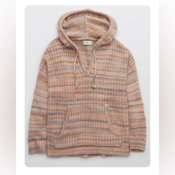Aerie Oversized Striped Knit Kangaroo Pocket Hooded Sweater - Pink/Gray, Size XS - Picture 14 of 14